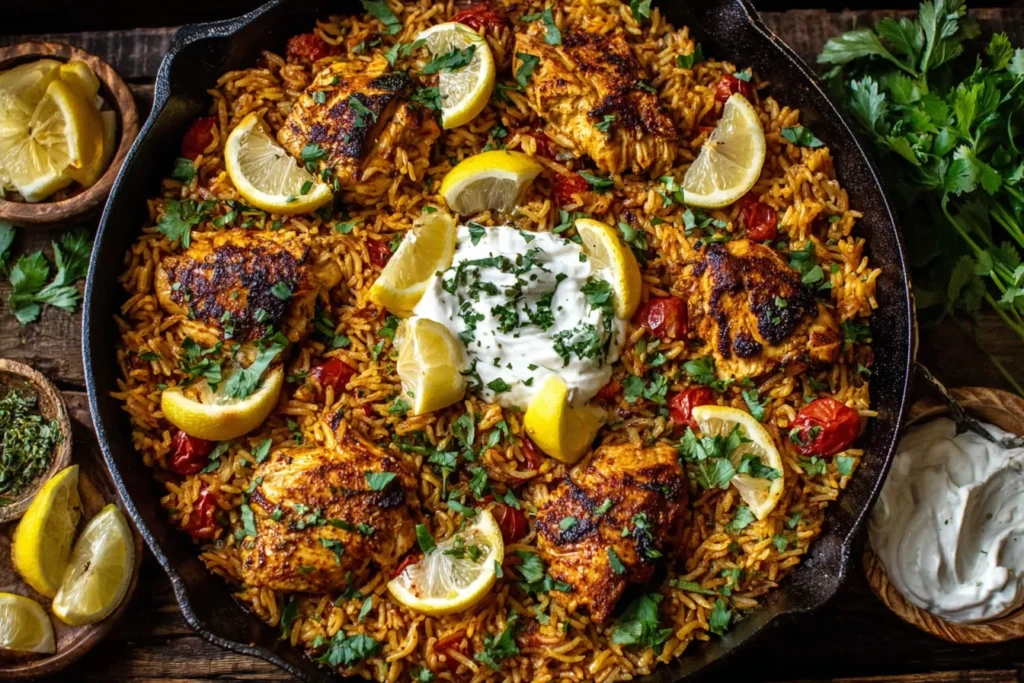 One Pot Chicken Shawarma Rice served in a skillet with golden spiced chicken thighs, fluffy basmati rice, lemon wedges, parsley, and creamy yogurt sauce