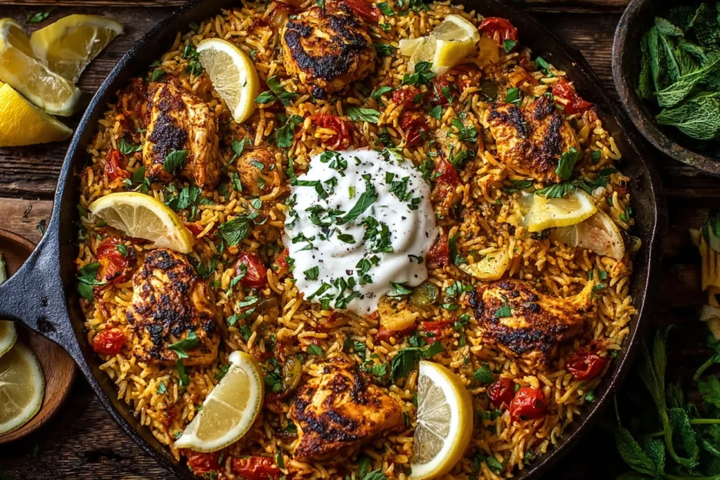 One Pot Chicken Shawarma Rice with spiced grilled chicken, basmati rice, lemon wedges, and yogurt sauce in a skillet