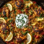 One Pot Chicken Shawarma Rice with spiced grilled chicken, basmati rice, lemon wedges, and yogurt sauce in a skillet