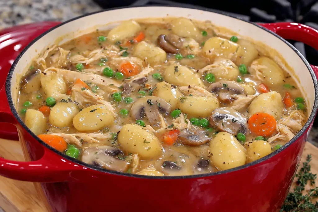 One Pot Gnocchi Chicken Pot Pie cooking in a Dutch oven with shredded chicken, gnocchi, mushrooms, peas, and carrots