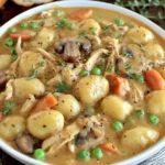 Homemade One Pot Gnocchi Chicken Pot Pie with fluffy gnocchi, chicken, carrots, peas, and mushrooms in creamy gravy