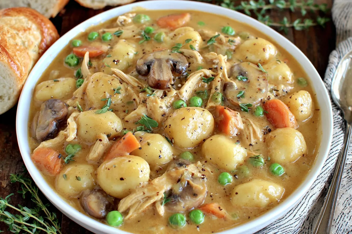 Homemade One Pot Gnocchi Chicken Pot Pie with fluffy gnocchi, chicken, carrots, peas, and mushrooms in creamy gravy