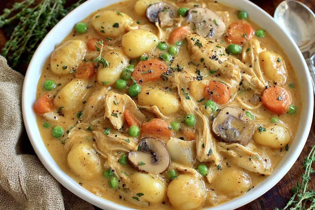 One Pot Gnocchi Chicken Pot Pie served in a bowl with tender chicken, gnocchi, peas, carrots, and mushrooms in creamy sauce
