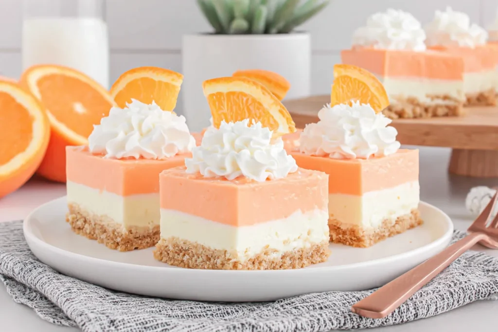 Orange Creamsicle Dream Bars squares topped with whipped cream and orange slices on a serving plate