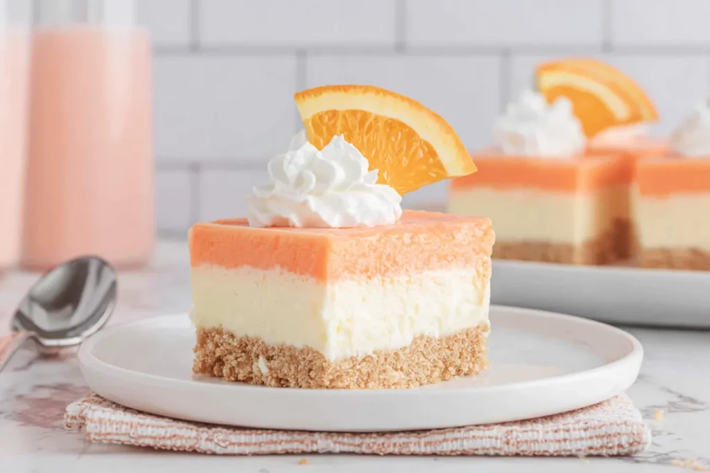 Orange Creamsicle Dream Bars slice with creamy cheesecake layer, orange topping, and Nilla wafer crust on a white plate
