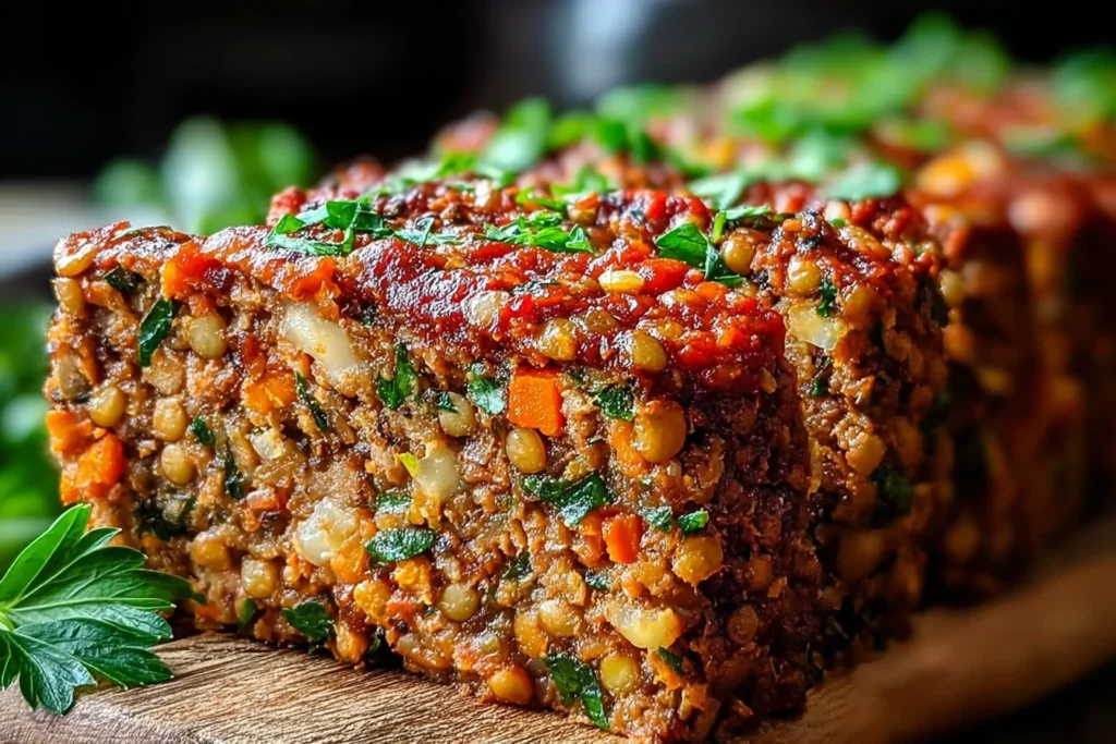 Amazing Lentil Meatloaf slice with caramelized ketchup glaze, lentils, diced carrots and herbs, garnished with fresh parsley on a wooden board.