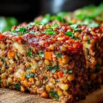 Amazing Lentil Meatloaf slice with caramelized ketchup glaze, lentils, diced carrots and herbs, garnished with fresh parsley on a wooden board.