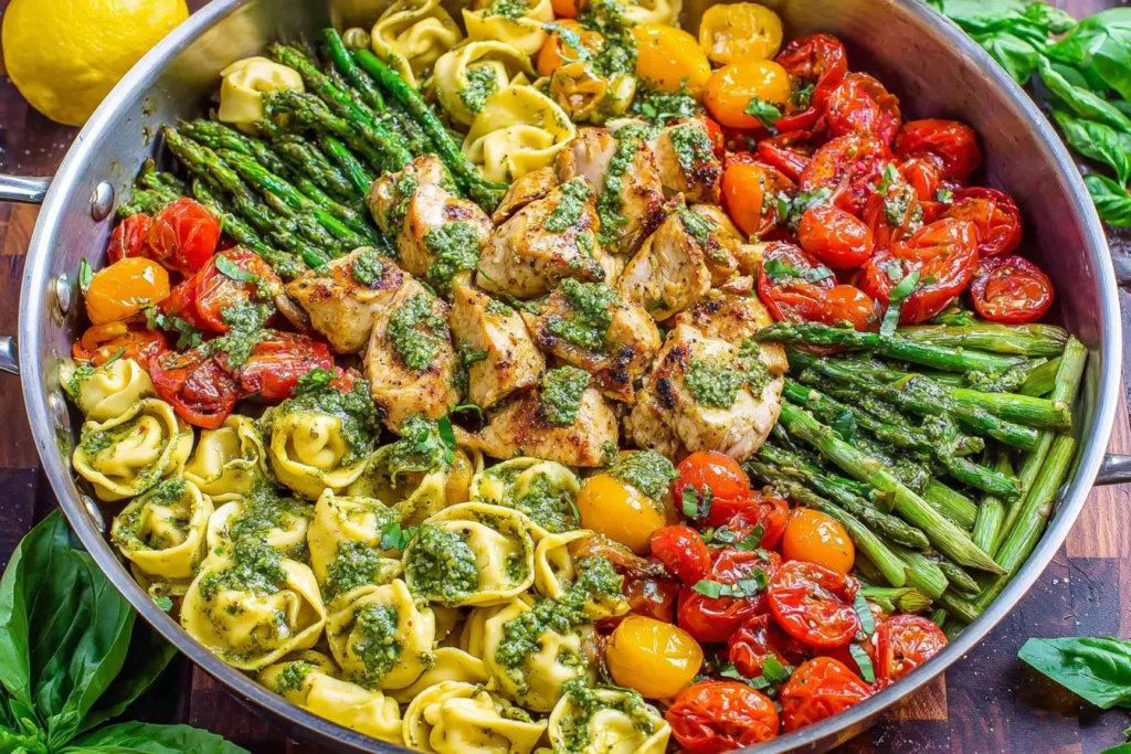 Pesto Chicken Tortellini and Veggies with asparagus, cherry tomatoes, and basil pesto in a one-pan Mediterranean dinner