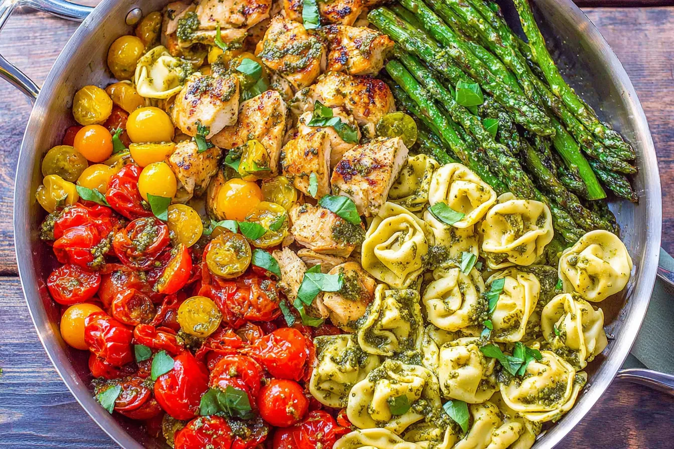 Pesto Chicken Tortellini and Veggies with grilled chicken, asparagus, cherry tomatoes, and basil pesto in a skillet