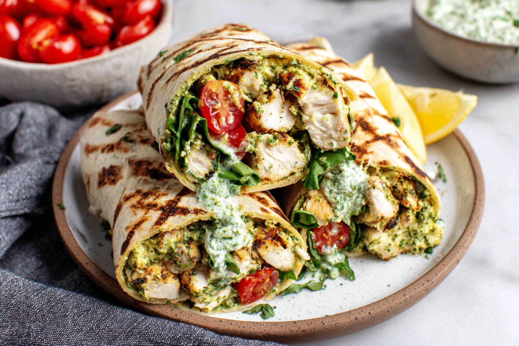 Stacked Pesto Chicken Wraps with grilled chicken, pesto sauce, romaine, and tomatoes