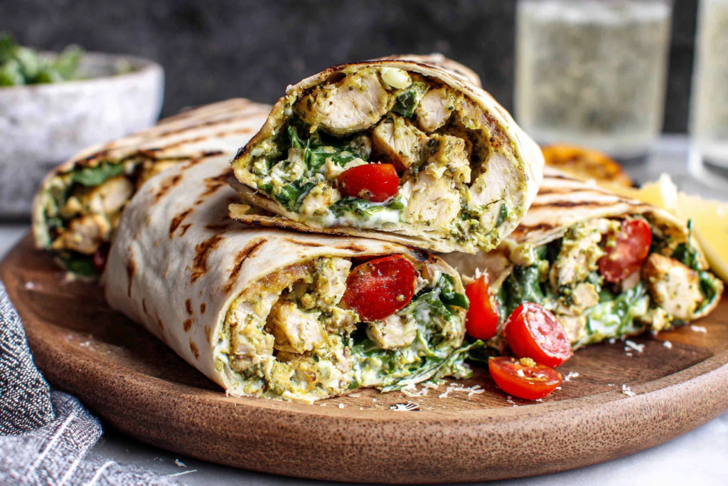 Close-up of sliced Pesto Chicken Wraps packed with pesto chicken, fresh greens, and tomatoes