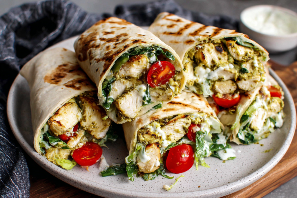 Pesto Chicken Wraps with grilled chicken, cherry tomatoes, romaine, and creamy Caesar dressing in a toasted tortilla