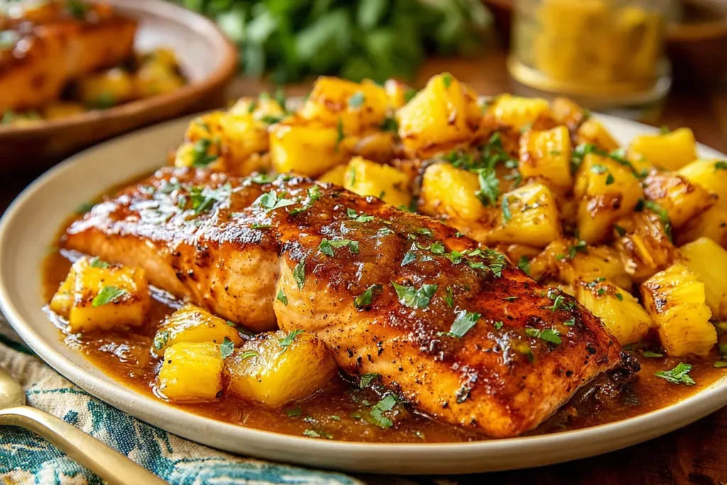 Pineapple Glazed Salmon served with caramelized pineapple and glossy sweet soy glaze