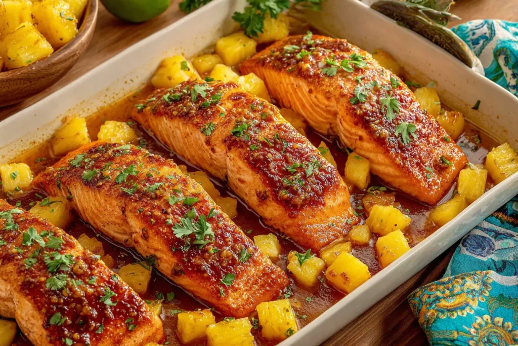 Pineapple Glazed Salmon baked with caramelized pineapple chunks in a savory sweet sauce