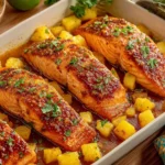 Pineapple Glazed Salmon baked with caramelized pineapple chunks in a savory sweet sauce