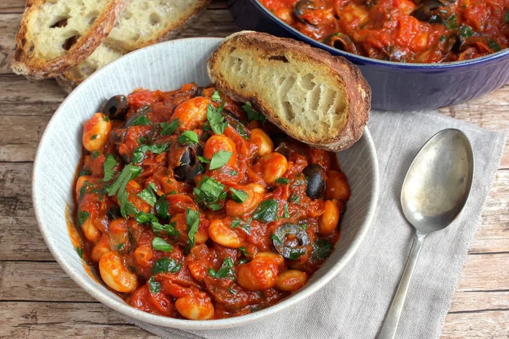 Bowl of Puttanesca Butterbeans with tomato sauce, olives, capers, and fresh parsley served with crusty bread