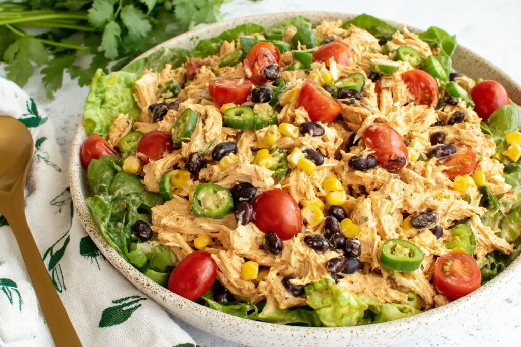 Quick Southwest Chicken Salad with shredded chicken, black beans, corn, tomatoes and jalapeño slices
