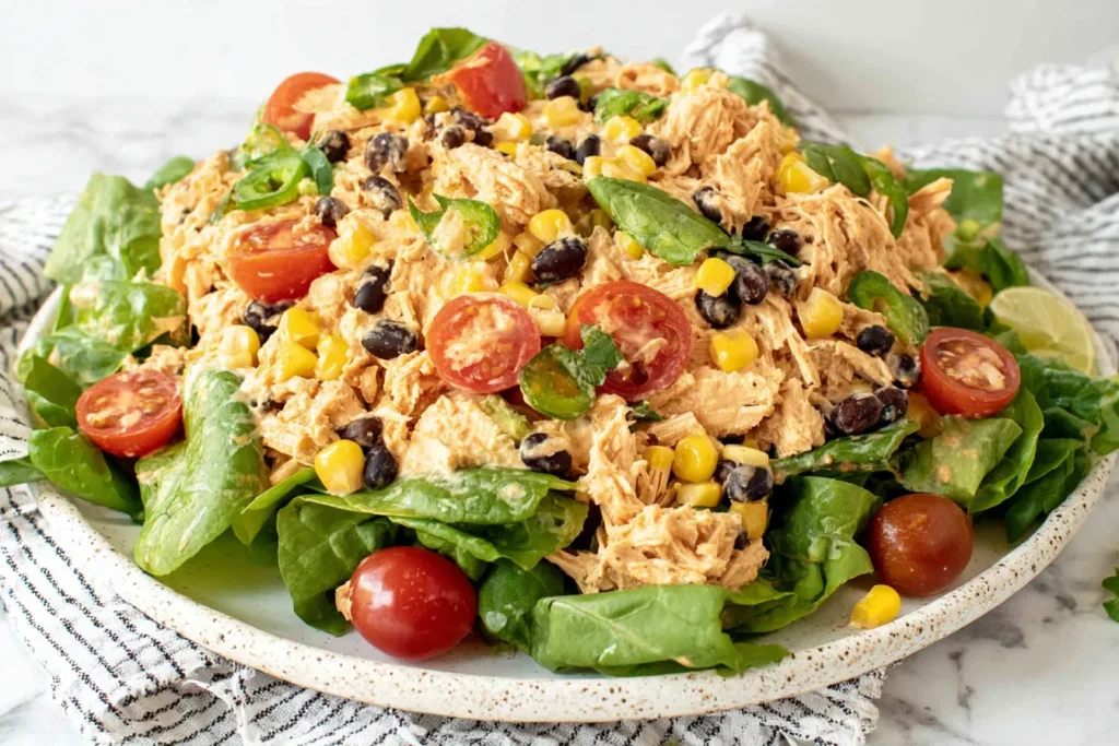 Quick Southwest Chicken Salad served on fresh lettuce with black beans, corn, tomatoes and jalapeños