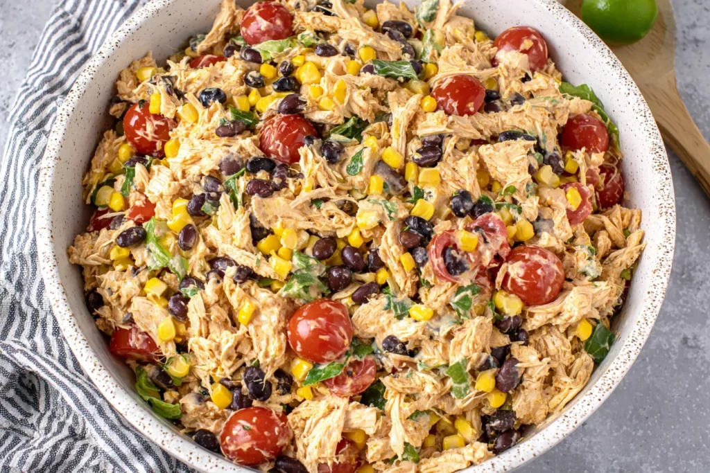 Quick Southwest Chicken Salad in a bowl with shredded chicken, black beans, corn, and cherry tomatoes