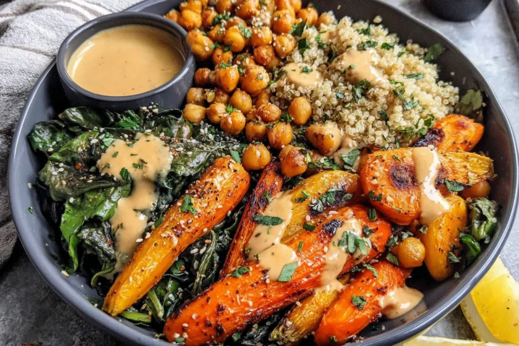 One-Pan Roasted Carrot and Chickpea Bowl with greens and tahini sauce