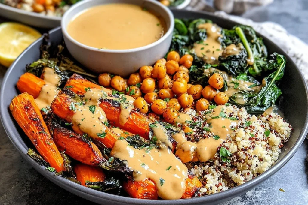 One-Pan Roasted Carrot and Chickpea Bowl with quinoa and tahini dressing