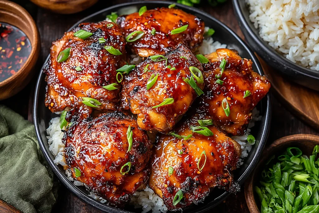 Roasted Miso Chicken Thighs glazed with miso sauce and served in a bowl with steamed rice and chopped green onions