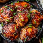 Roasted Miso Chicken Thighs glazed with miso sauce and served in a bowl with steamed rice and chopped green onions