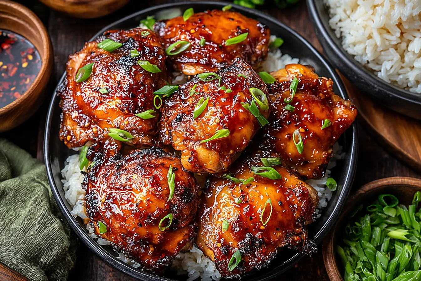 Roasted Miso Chicken Thighs glazed with miso sauce and served in a bowl with steamed rice and chopped green onions