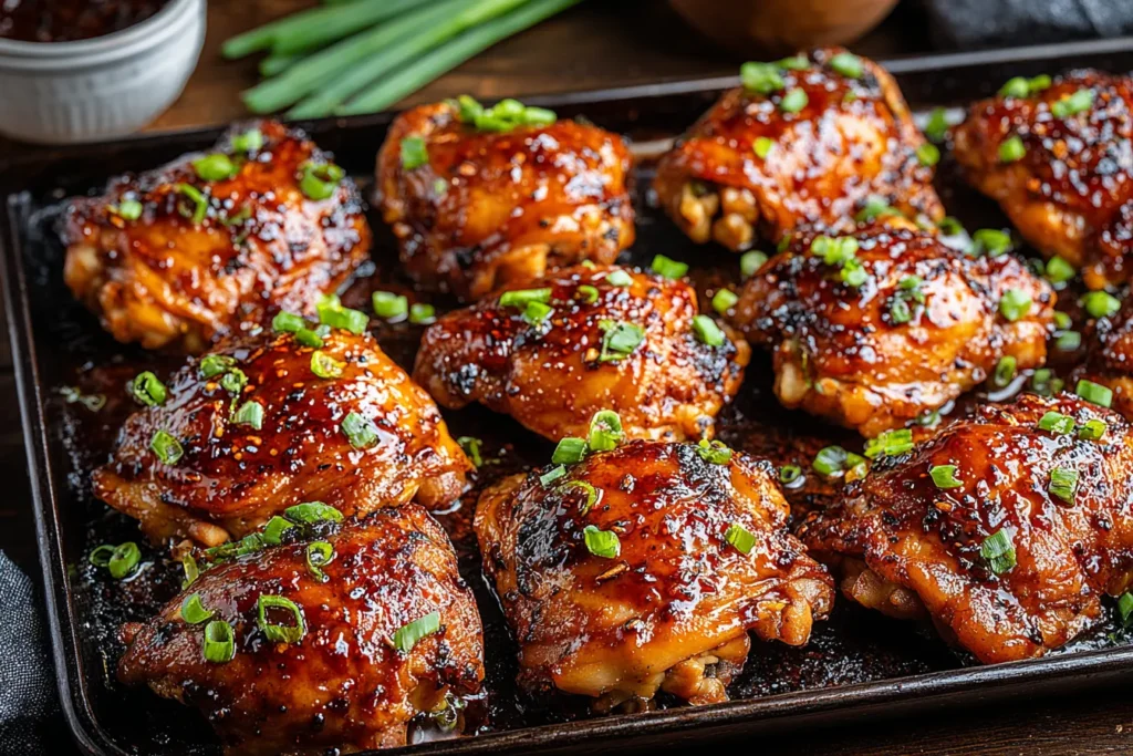 Roasted Miso Chicken Thighs caramelizing on a baking sheet with glossy miso glaze and green onion garnish