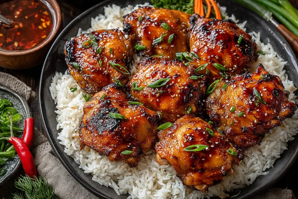 Roasted Miso Chicken Thighs served over fluffy white rice with caramelized miso glaze and fresh green onions