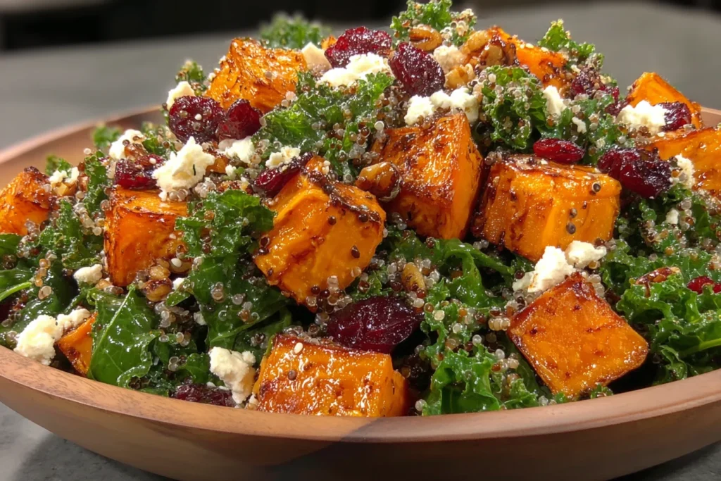 Roasted Sweet Potato and Baby Kale Salad with quinoa, cranberries, feta, and walnuts in a healthy grain bowl