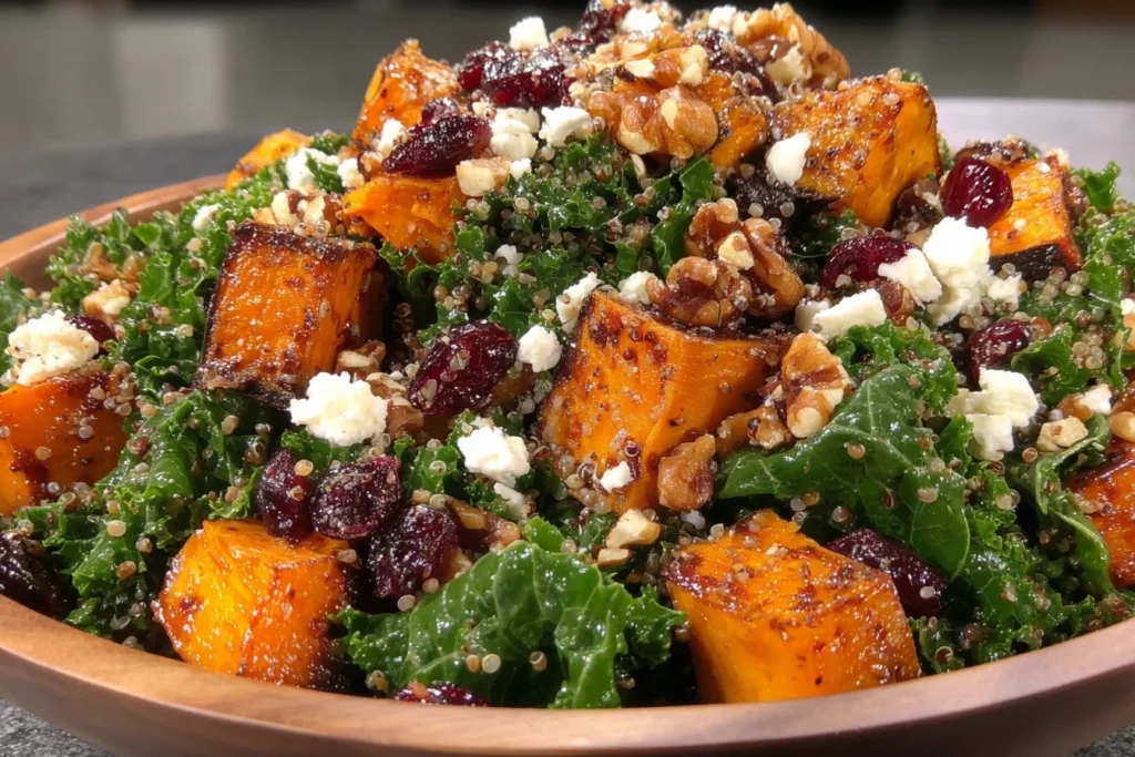 Roasted Sweet Potato and Baby Kale Salad with quinoa, cranberries, walnuts, and feta cheese in a healthy fall harvest salad bowl
