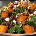 Roasted Sweet Potato and Baby Kale Salad with quinoa, cranberries, walnuts, and feta cheese in a healthy fall harvest salad bowl