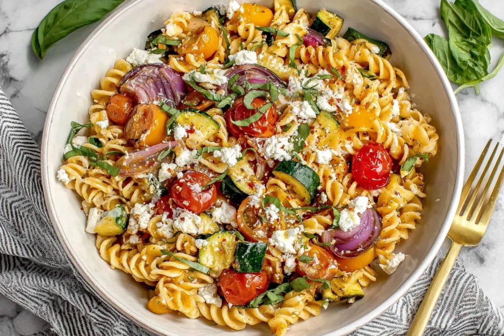 Roasted Veggie Pasta with Feta topped with basil, roasted zucchini, tomatoes, and crumbled feta