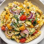 Roasted Veggie Pasta with Feta served in a bowl with zucchini, cherry tomatoes, red onion, and arugula