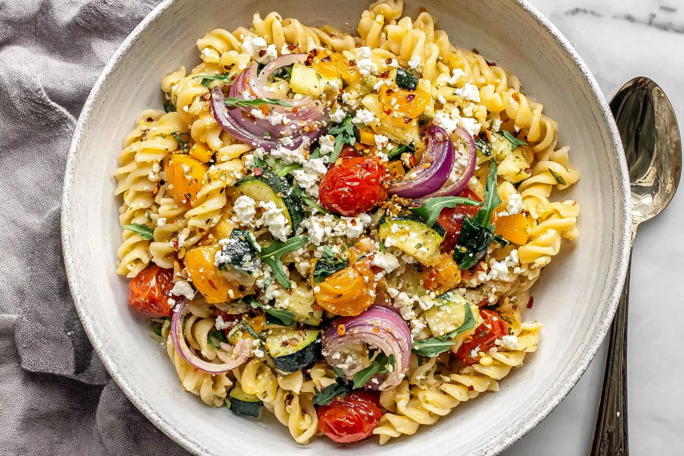 Roasted Veggie Pasta with Feta served in a bowl with zucchini, cherry tomatoes, red onion, and arugula