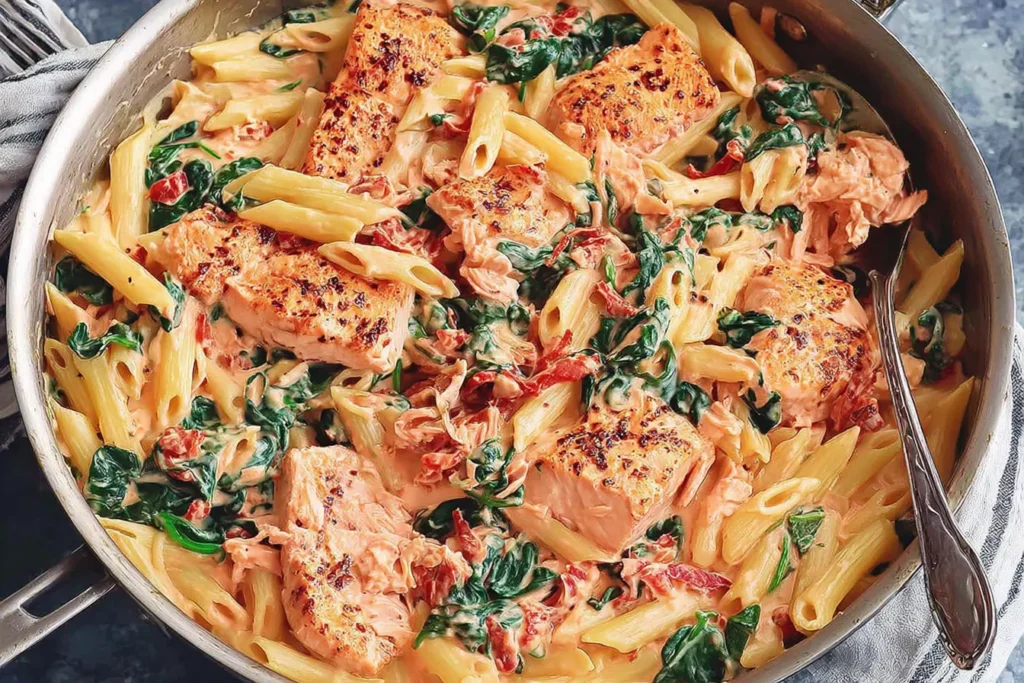 Salmon Pasta with Sun-Dried Tomato Cream Sauce and Spinach served in a skillet with penne, creamy sauce, seared salmon chunks, and fresh spinach