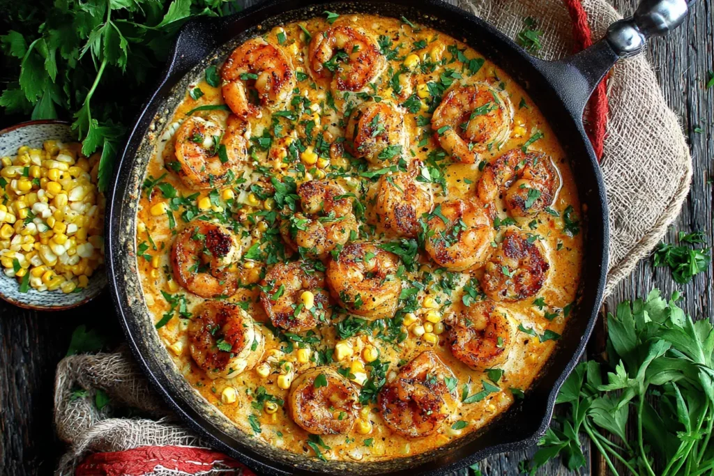 Shrimp and Creamed Corn one-pan skillet with golden shrimp, sweet corn kernels, creamy sauce, and fresh herbs