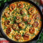 Shrimp and Creamed Corn one-pan skillet with golden shrimp, sweet corn kernels, creamy sauce, and fresh herbs