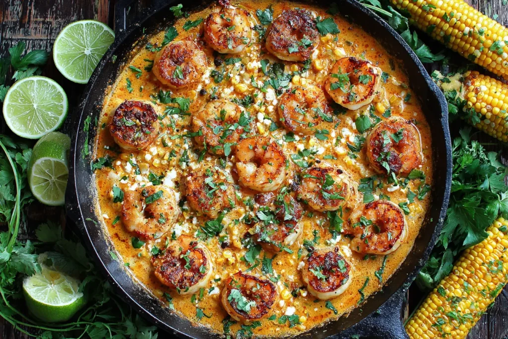 Shrimp and Creamed Corn in a cast iron skillet with seared shrimp, creamy corn sauce, feta cheese, cilantro, and fresh lime