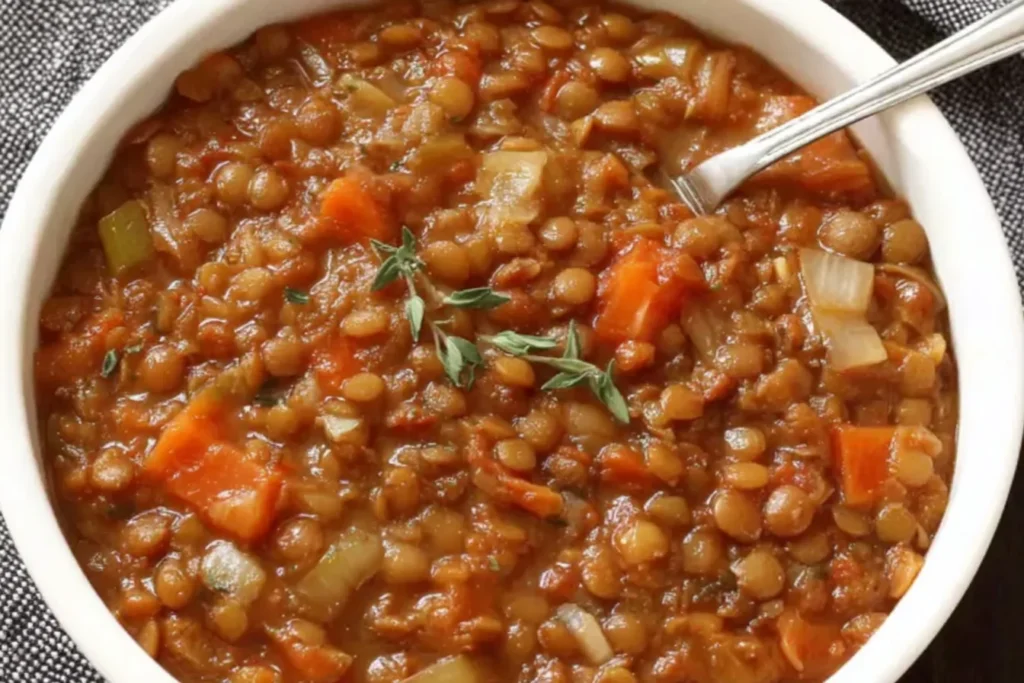 Slow Cooker Herb Garlic Lentils with carrots, celery, and herbs in a rich savory broth, hearty and comforting plant-based dish