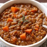 Slow Cooker Herb Garlic Lentils in a bowl with carrots and fresh herbs, hearty and flavorful plant-based comfort food