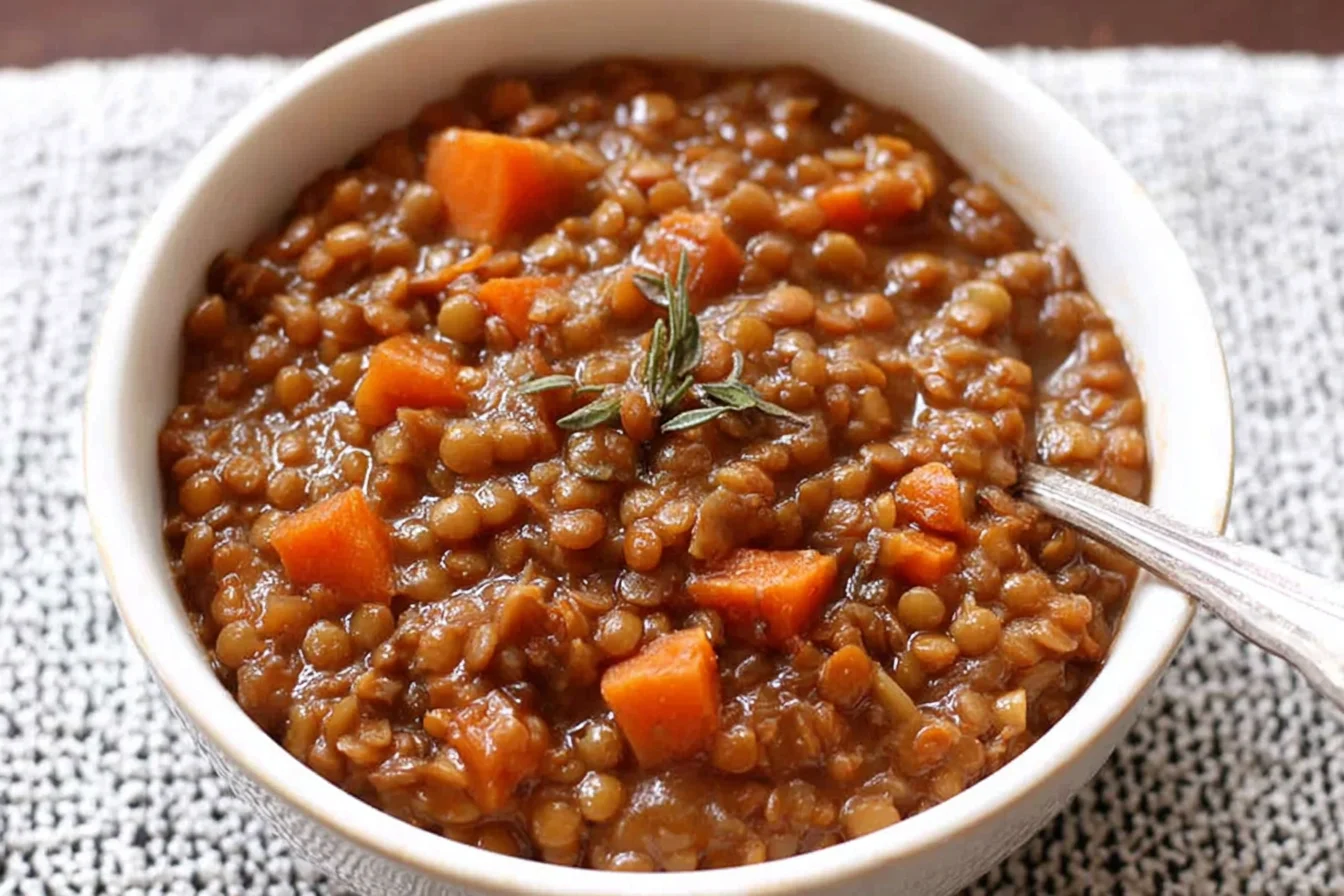 Slow Cooker Herb Garlic Lentils in a bowl with carrots and fresh herbs, hearty and flavorful plant-based comfort food