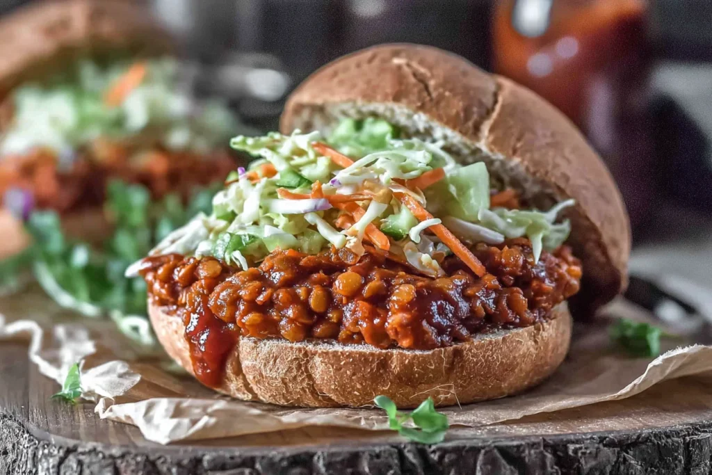 Vegan BBQ Lentil Sloppy Joes sandwich topped with crunchy coleslaw on a toasted bun, featuring smoky lentil barbecue filling