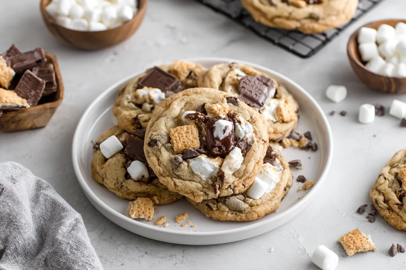 Freshly baked S’mores Cookies on a plate with chocolate chunks and marshmallows
