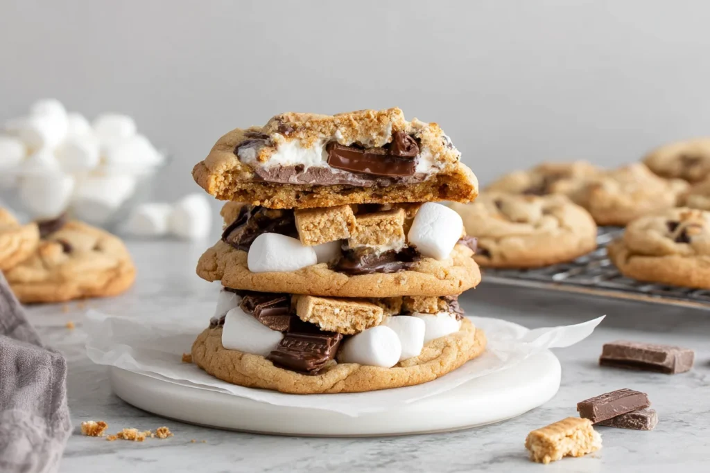 S’mores Cookies stacked with gooey marshmallows and melted chocolate layers