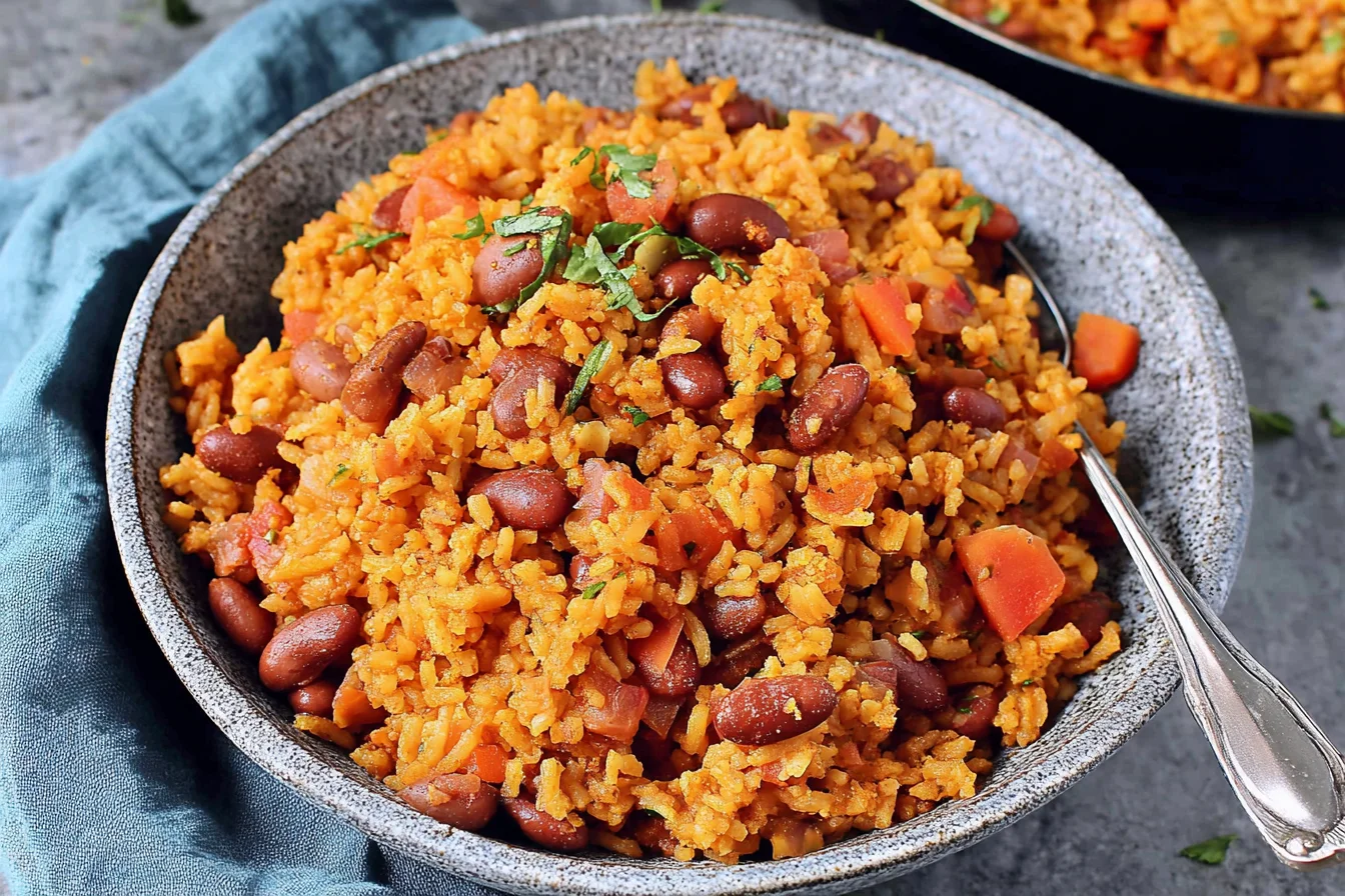 Spanish Rice And Beans served in a bowl with fluffy rice, kidney beans, tomatoes, and fresh herbs – hearty one-pot comfort meal