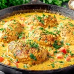 Spicy Brazilian Coconut Chicken with tender chicken breasts in creamy coconut sauce garnished with parsley in a skillet