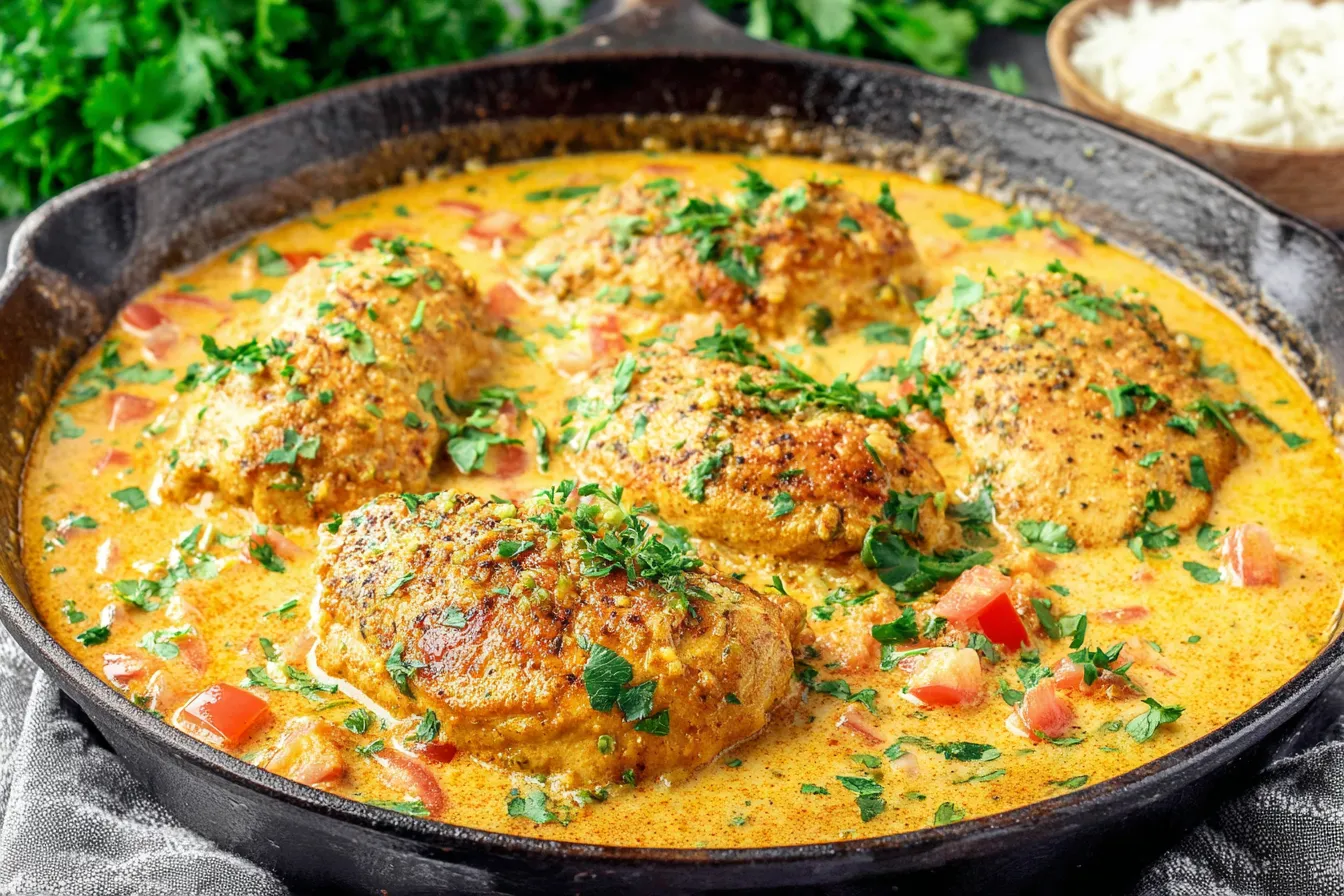 Spicy Brazilian Coconut Chicken with tender chicken breasts in creamy coconut sauce garnished with parsley in a skillet