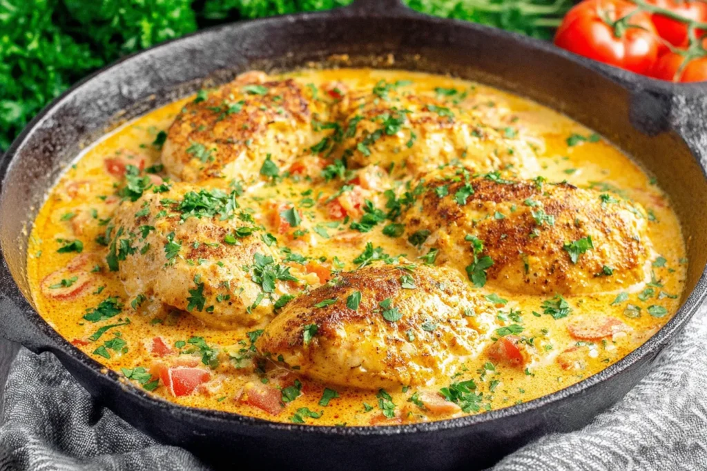 Spicy Brazilian Coconut Chicken simmering in creamy coconut sauce with tomatoes and fresh parsley in a cast iron skillet